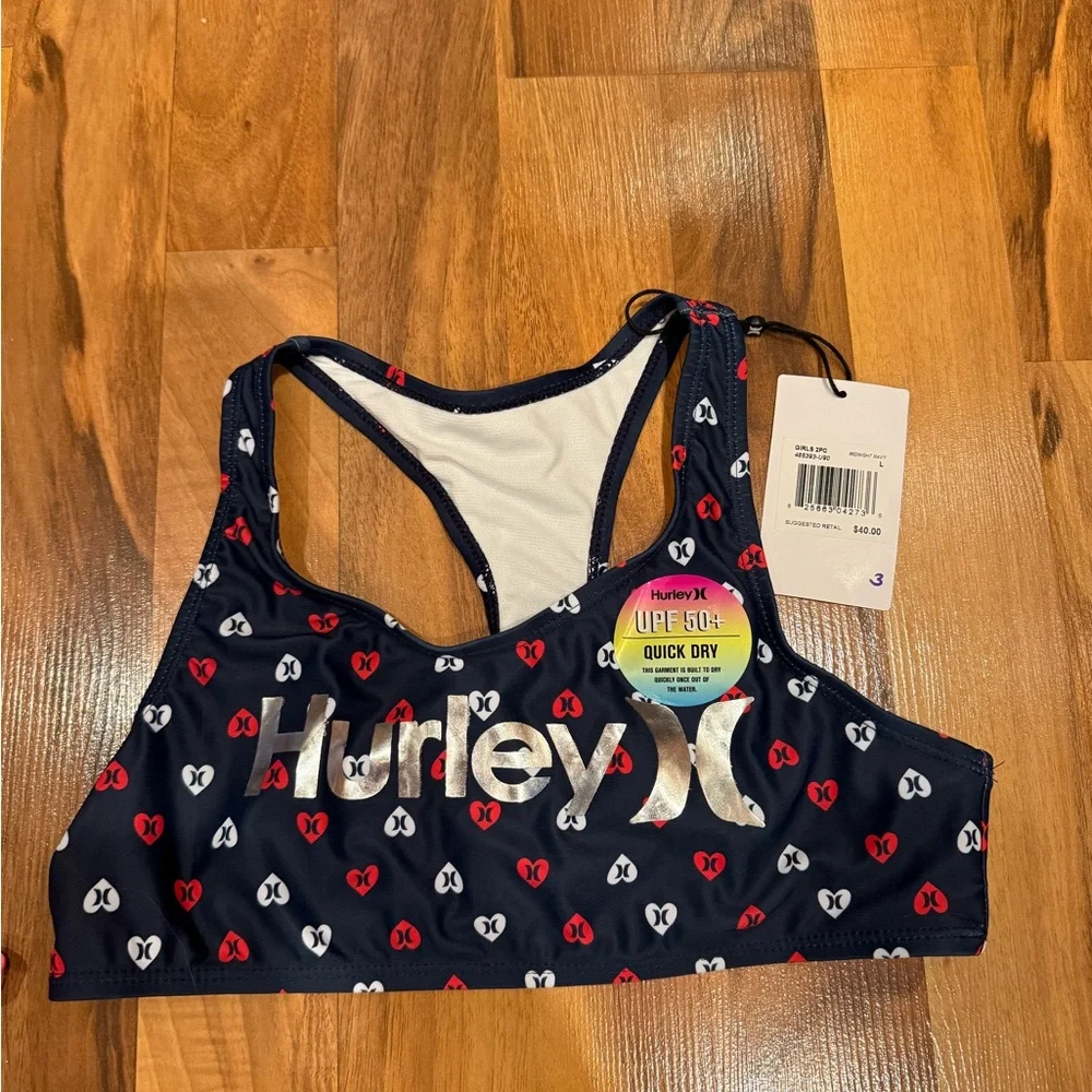 Hurley girls swim top racer back red white‎ and blue size large NWT UPF